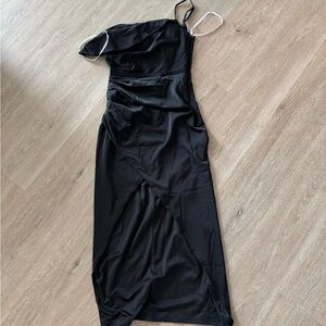 Lulu's Lush Love Black Satin Asymmetrical Off-the-Shoulder Dress